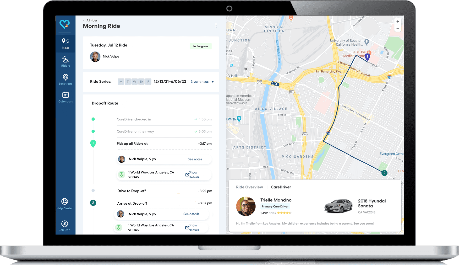 Screenshot of a ride-sharing application showing a morning ride route in Los Angeles with driver details and pickup timeline