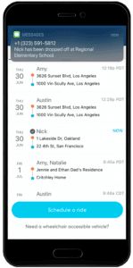 Mobile app interface showing delivery schedule with multiple stops listed chronologically with addresses and status indicators