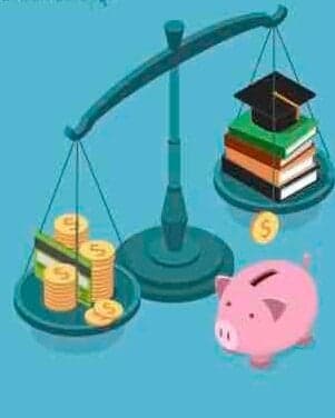 Illustration of a balance scale weighing stacked coins against books with graduation cap, with a piggy bank nearby