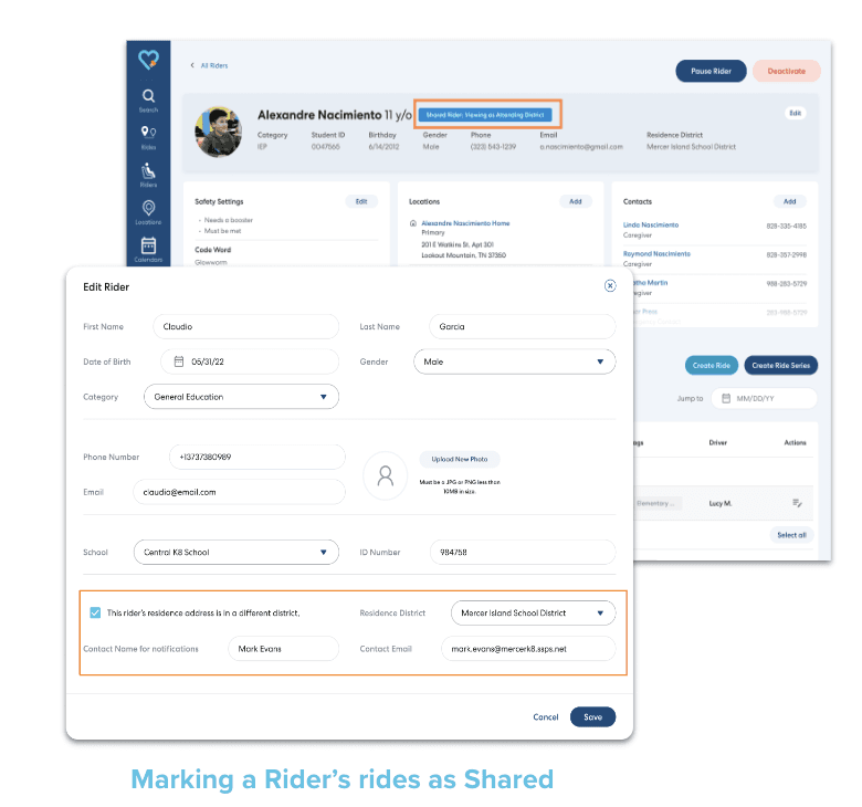User interface showing an edit form for student transportation details with fields for personal information and residence district settings