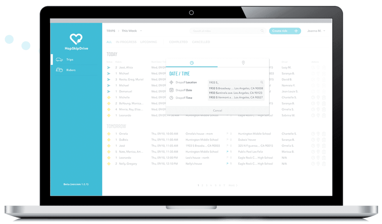 Screenshot of HopSkipDrive's web interface showing a trip scheduling dashboard with upcoming rides and location details
