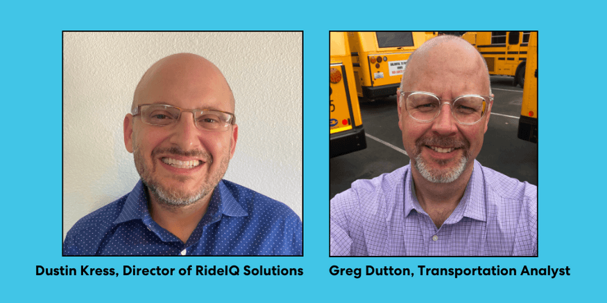 Two professional headshots side by side showing transportation staff members against white and school bus backgrounds