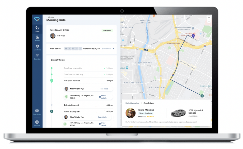 Screenshot of a rideshare management dashboard showing a morning ride schedule, map view, and driver details on a laptop screen