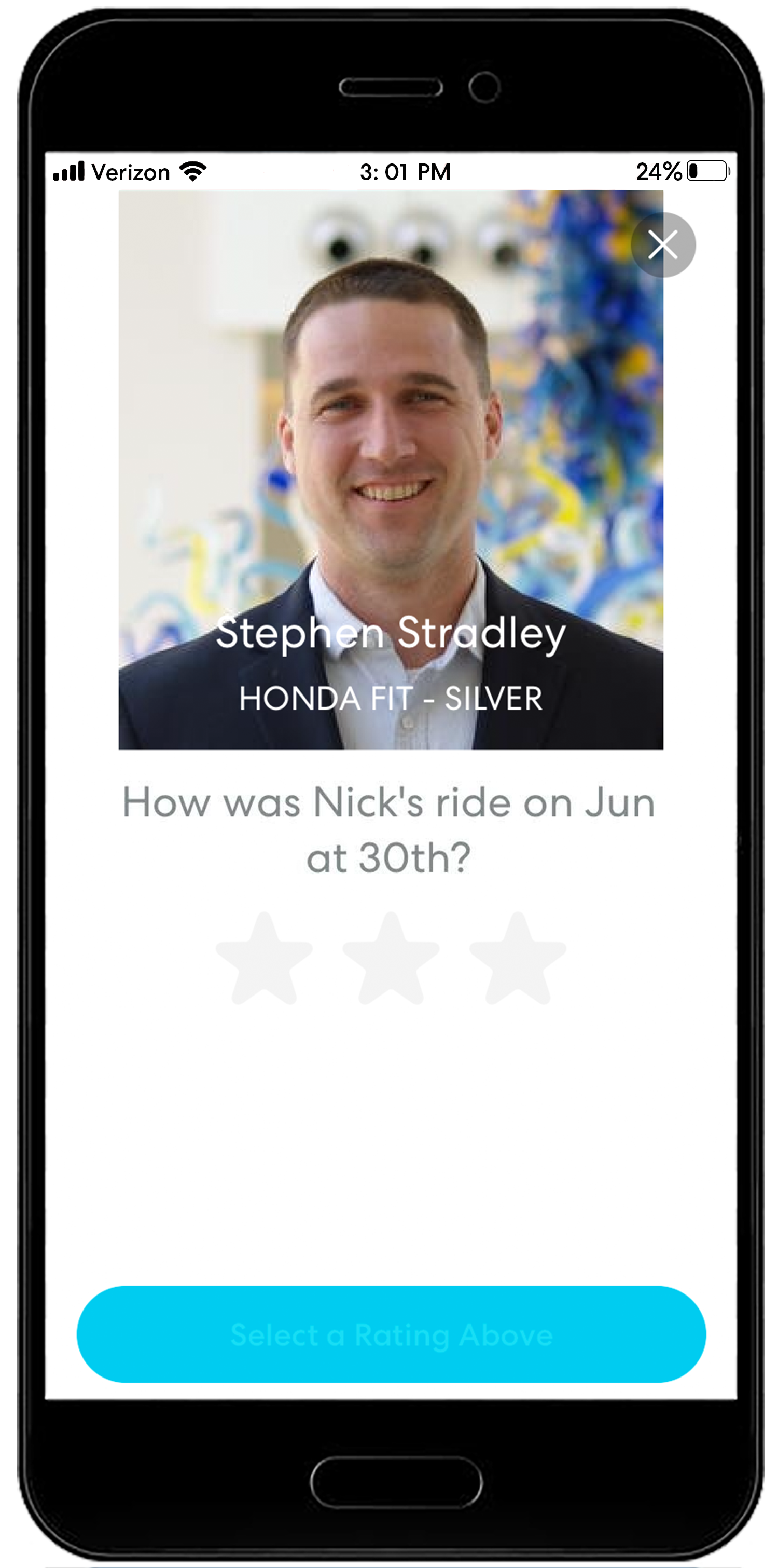 Mobile app interface showing a service rating screen for Honda Fit with three empty star ratings and a blue selection button